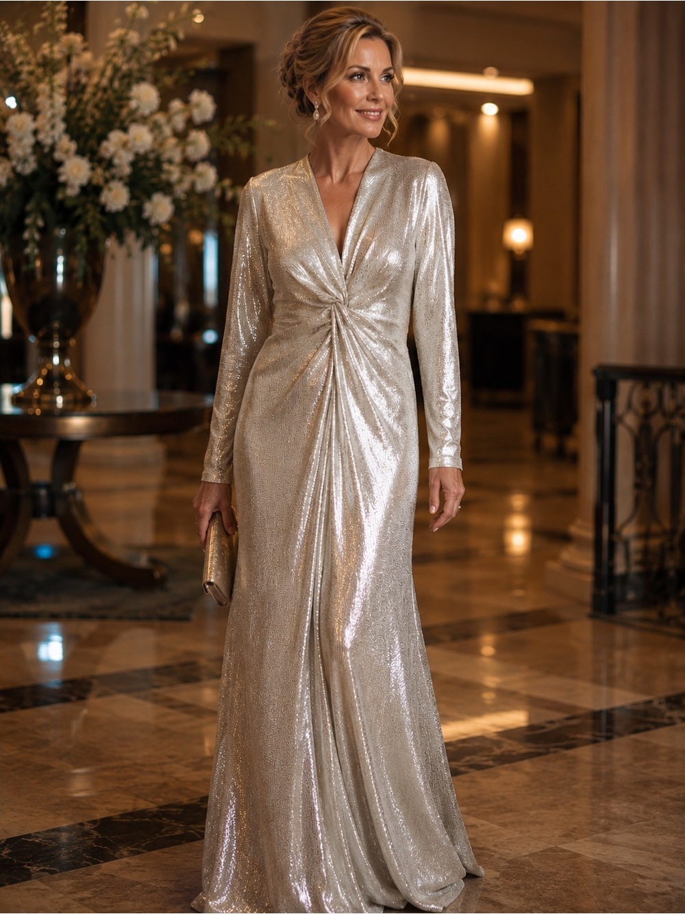 Tahari Arthur S. Levine Champagne Metallic Gown Maxi Dress Size 6 Formal